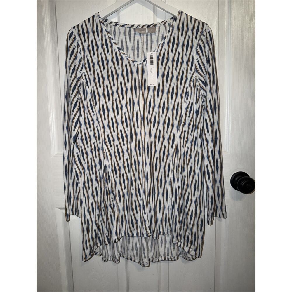NEW Chico's Zenergy Tunic Geo Ikat Print Long Sleeve Blue Lotus‎ Size 1 8/10